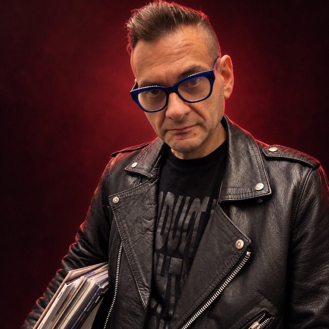 DJ Eritch in a leather jacket and blue glasses, holding a stack of records against a red backdrop