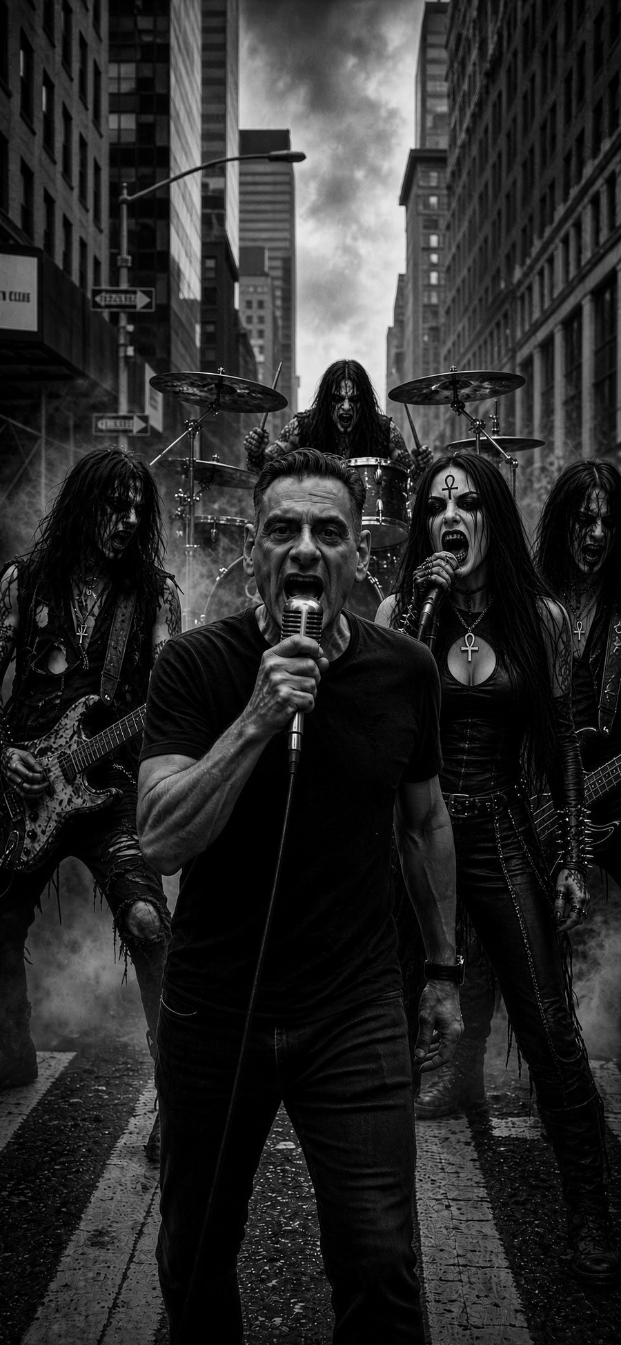 An AI-generated image of DJ Eritch singing into a vintage microphone in the middle of a New York street, a band in corpse paint behind him